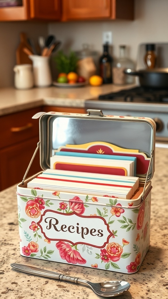 Homemade Recipe Tin A decorative recipe tin filled with organized recipe cards on a kitchen counter.